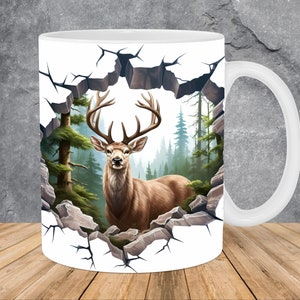 3D Deer Forest Hole In A Wall Mug Wrap 11oz & 15oz Mug Template, 3D Mug Sublimation Design Mug Wrap Template PNG Instant Digital Download