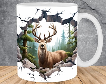3D Deer Forest Hole In A Wall Mug Wrap 11oz & 15oz Mug Template, 3D Mug Sublimation Design Mug Wrap Template PNG Instant Digital Download