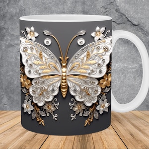 3D Metal Silver Gold Butterfly Mug Wrap 11oz & 15oz Mug Template, 3D Mug Sublimation Design Mug Wrap Template PNG Instant Digital Download