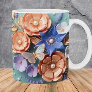 3D Flowers Butterfly Mug Wrap 11oz & 15oz Mug Template, Butterfly Mug Sublimation Design Mug Wrap Template PNG Instant Digital Download
