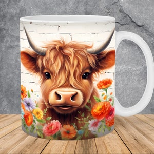 Highland Cow Colorful Flowers Mug Wrap 11oz & 15oz Mug Template, Mug Sublimation Design Mug Wrap Template PNG Instant Digital Download