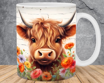 Modello di tazza con fiori colorati di mucca delle Highland, modello di tazza da 11 once e 15 once, modello di tazza con design a sublimazione PNG Download digitale istantaneo
