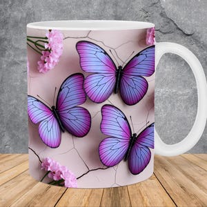 3D Purple Butterflies Flowers Mug Wrap 11oz & 15oz Mug Template, 3D Mug Sublimation Design Mug Wrap Template PNG Instant Digital Download