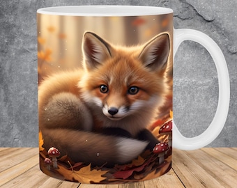 Autumn Fox Mug Wrap 11oz & 15oz Mug Template, Animal Mug Sublimation Design Mug Wrap Template PNG Instant Digital Download