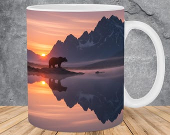 Plantilla para envolver tazas con paisaje de lago y montaña (11 oz y 15 oz), diseño de sublimación de taza de oso, plantilla PNG para envolver tazas, descarga digital instantánea
