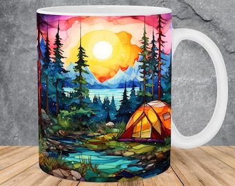 Alcohol Ink Camper Camping Tent Mug Wrap 11oz & 15oz Mug Template, Mug Sublimation Design Mug Wrap Template PNG Instant Digital Download