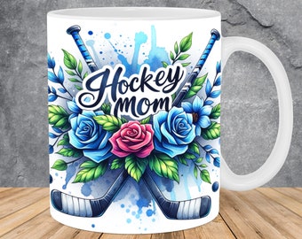 Watercolor Hockey Mom Flowers Mug Wrap 11oz & 15oz Mug Template, Mug Sublimation Design Mug Wrap Template PNG Instant Digital Download