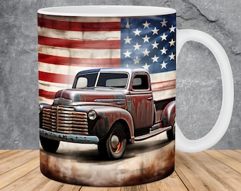 3D American Flag Vintage Car Mug Wrap 11oz & 15oz Mug Template, 3D Mug Sublimation Design Mug Wrap Template PNG Instant Digital Download
