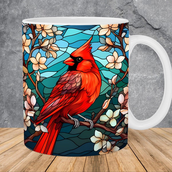 Stained Glass Red Cardinal Bird Mug Wrap 11oz & 15oz Mug Template, Mug Sublimation Design Mug Wrap Template PNG Instant Digital Download