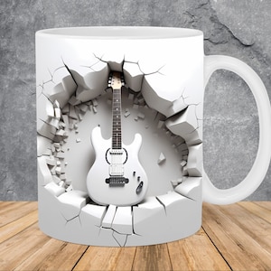 3D White Guitar Hole In A Wall Mug Wrap 11oz & 15oz Mug Template, 3D Mug Sublimation Design Mug Wrap Template PNG Instant Digital Download image 1