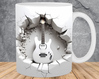 3D weiße Gitarre Loch in einer Wand Becher Wrap 11 Unzen 15 Unzen Becher Vorlage, 3D Becher Sublimation Design Becher Wrap Vorlage PNG Sofortiger digitaler Download