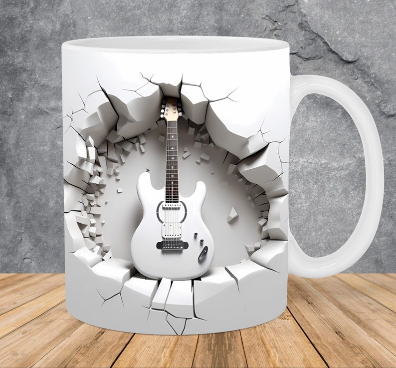 3D White Guitar Hole In A Wall Mug Wrap 11oz & 15oz Mug Template, 3D Mug Sublimation Design Mug Wrap Template PNG Instant Digital Download image 1