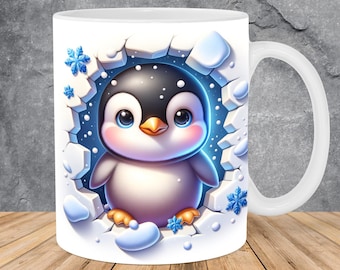 3D Penguin Hole In A Wall Mug Wrap 11oz & 15oz Mug Template, Winter Mug Sublimation Design Mug Wrap Template PNG Instant Digital Download
