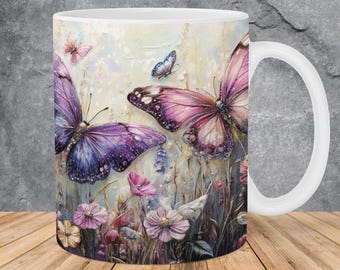 Vintage Butterflies And Flowers Mug Wrap 11oz & 15oz Mug Template, Mug Sublimation Design Mug Wrap Template PNG Instant Digital Download