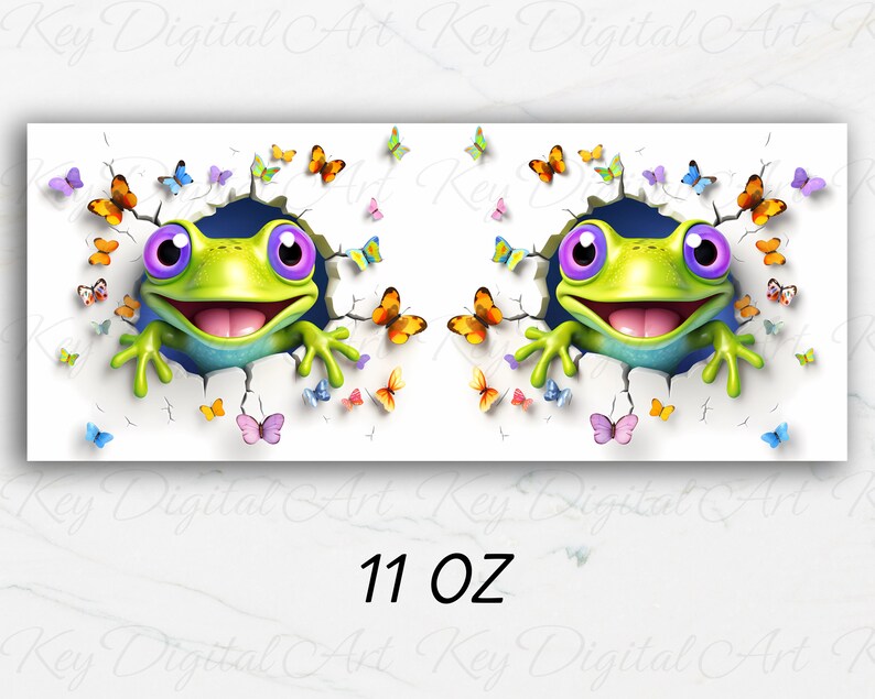 K&ouml;nnte beinhalten: Ein gr&uuml;ner Frosch mit lila Augen schaut aus einem Loch in einer wei&szlig;en Wand. Der Frosch l&auml;chelt und hat seine Zunge herausgestreckt. Um den Frosch herum fliegen bunte Schmetterlinge. Der Text "11 OZ" ist unter dem Bild gedruckt.