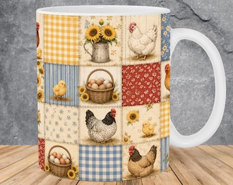 Vintage Farm Sunflowers Mug Wrap 11oz & 15oz Mug Template, Chicken Mug Sublimation Design Mug Wrap Template PNG Instant Digital Download