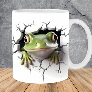 3D Frog Hole In A Wall Mug Wrap 11oz & 15oz Mug Template, 3D Frog Mug Sublimation Design Mug Wrap Template PNG Instant Digital Download