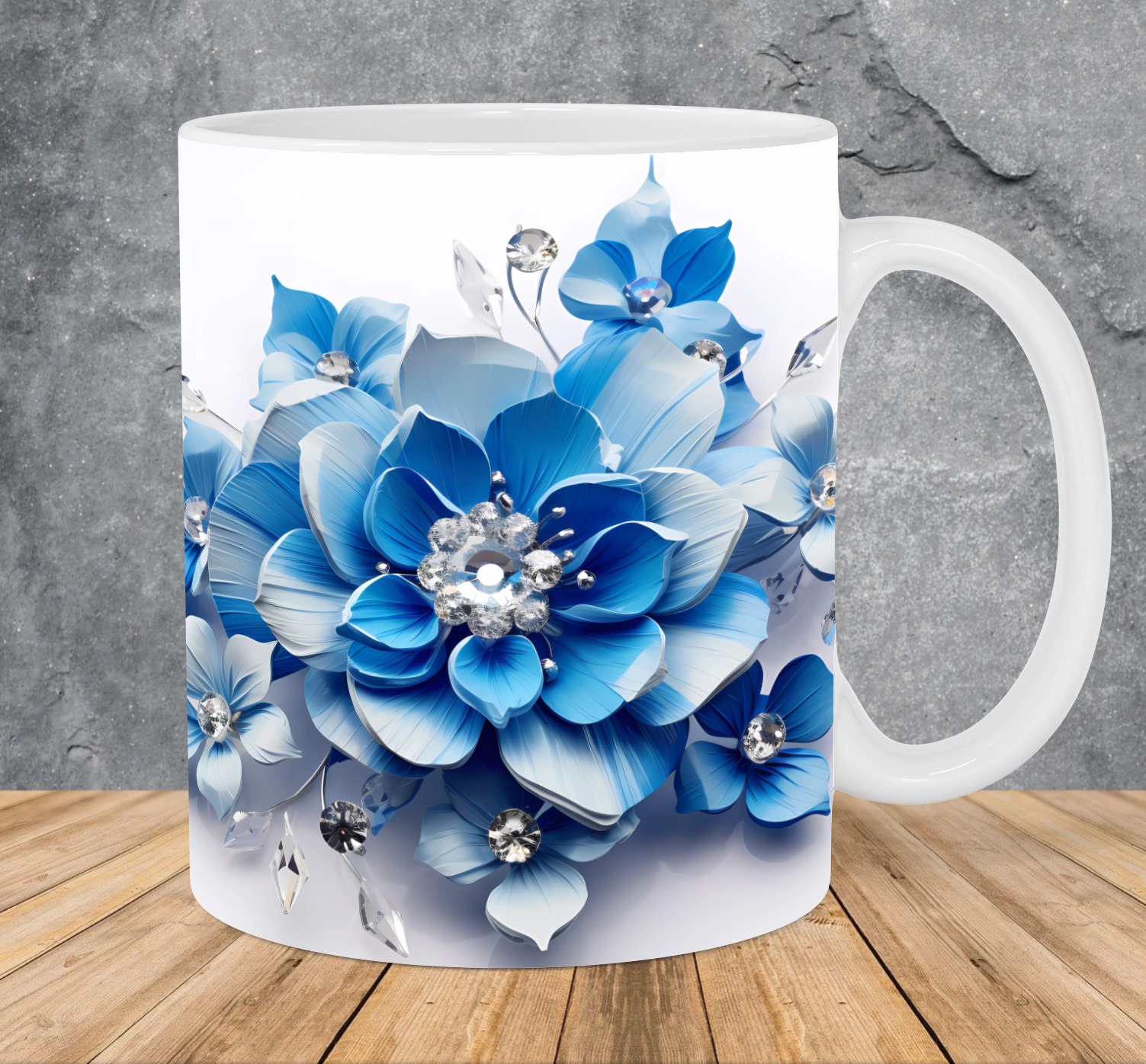 3D Precious Stones Blue Flowers Mug Wrap 11oz & 15oz Mug Template, 3D Mug Sublimation Design Mug Wrap Template PNG Instant Digital Download