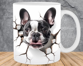 3D French Bulldog Hole In A Wall Mug Wrap 11oz & 15oz Mug Template, 3D Mug Sublimation Design Mug Wrap Template PNG Instant Digital Download
