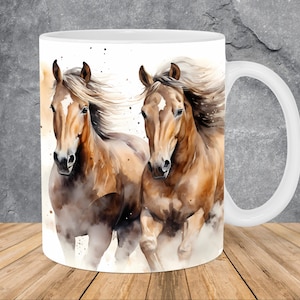 Watercolor Running Horses Mug Wrap 11oz & 15oz Mug Template, Animals Mug Sublimation Design Mug Wrap Template PNG Instant Digital Download