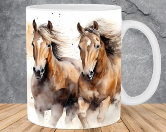 Acuarela corriendo caballos taza envoltura 11oz y 15oz plantilla de taza, animales taza sublimación diseño taza envoltura plantilla PNG Descarga digital instantánea