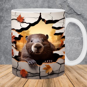 3D Beaver Autumn Hole In A Wall Mug Wrap 11oz & 15oz Mug Template, 3D Mug Sublimation Design Mug Wrap Template PNG Instant Digital Download