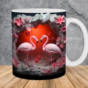 3D Flamingos Flowers Hole In A Wall Mug Wrap 11oz & 15oz Mug Template, Mug Sublimation Design Mug Wrap Template PNG Instant Digital Download