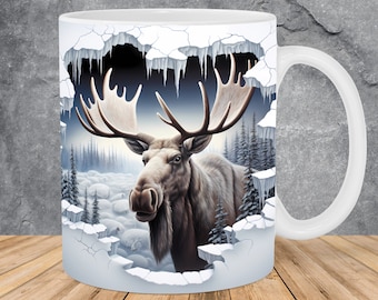 Plantilla para envolver tazas de 11 oz y 15 oz con diseño de agujero de alce de invierno en la pared en 3D, diseño de sublimación de tazas en 3D, plantilla para envolver tazas PNG, descarga digital instantánea