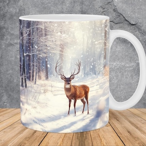 Winter Deer Mug Wrap 11oz & 15oz Mug Template, Winter Forest Mug Sublimation Design Mug Wrap Template PNG Instant Digital Download