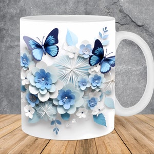 Modello di tazza 3D con farfalle bianche blu e fiori, modello di tazza da 11 once e 15 once, modello di tazza con design a sublimazione PNG, download digitale istantaneo