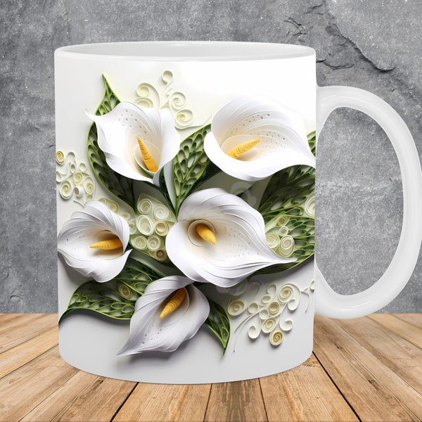 3D White Calla Lilies Flowers Mug Wrap 11oz & 15oz Mug Template, 3D Mug Sublimation Design Mug Wrap Template PNG Instant Digital Download