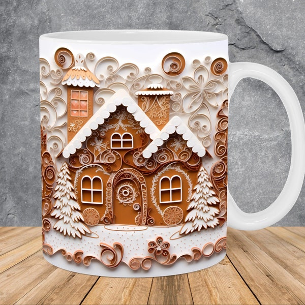 3D Winter Gingerbread House Mug Wrap 11oz & 15oz Mug Template, Winter Mug Sublimation Design Mug Wrap Template PNG Instant Digital Download