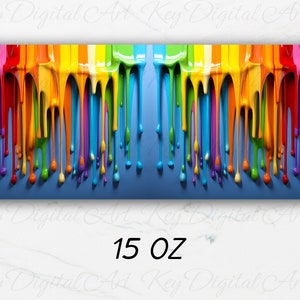 Pu&ograve; includere: Un dipinto astratto colorato di vernice che cola in un motivo arcobaleno. La vernice cola su uno sfondo blu. L'immagine &egrave; etichettata "15 OZ".