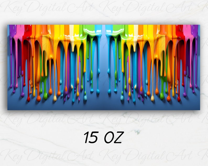 Pu&ograve; includere: Un dipinto astratto colorato di vernice che cola in un motivo arcobaleno. La vernice cola su uno sfondo blu. L'immagine &egrave; etichettata "15 OZ".