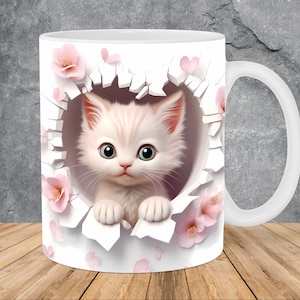 3D Kitten Hole In A Wall Flowers Mug Wrap 11oz & 15oz Mug Template, 3D Mug Sublimation Design Mug Wrap Template PNG Instant Digital Download