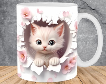Modello di tazza di gattino 3D con foro in un muro Fiori Tazza da 11 once e 15 once, Tazza 3D Design a sublimazione Modello di tazza da avvolgere PNG Download digitale istantaneo