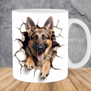 3D German Shepherd Hole In A Wall Mug Wrap 11oz & 15oz Mug Template, Mug Sublimation Design Mug Wrap Template PNG Instant Digital Download