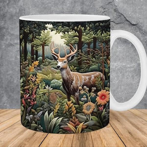 3D Embroidered Deer Forest Mug Wrap 11oz & 15oz Mug Template, 3D Deer Mug Sublimation Design Mug Wrap Template PNG Instant Digital Download