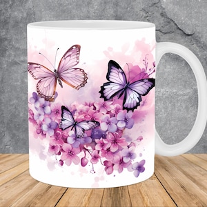 Pink Purple Butterflies Flowers Mug Wrap 11oz & 15oz Mug Template, Mug Sublimation Design Mug Wrap Template PNG Instant Digital Download