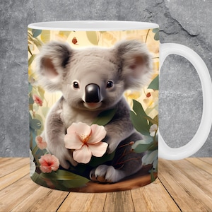 3D Koala Bear Flower Mug Wrap 11oz & 15oz Mug Template, 3D Koala Mug Sublimation Design Mug Wrap Template PNG Instant Digital Download