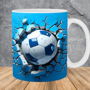 3D Soccer Ball Hole In Blue Wall Mug Wrap 11oz & 15oz Mug Template, 3D Mug Sublimation Design Mug Wrap Template PNG Instant Digital Download
