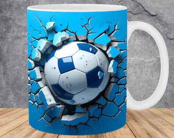 3D Soccer Ball Hole In Blue Wall Mug Wrap 11oz & 15oz Mug Template, 3D Mug Sublimation Design Mug Wrap Template PNG Instant Digital Download