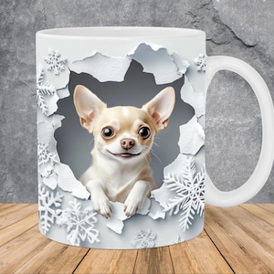 3D Winter Chihuahua Hole In A Wall Mug Wrap 11oz & 15oz Mug Template, Mug Sublimation Design Mug Wrap Template PNG Instant Digital Download