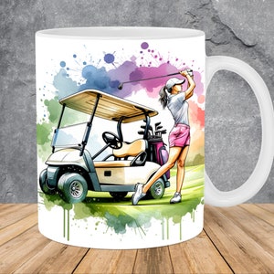 Watercolor Golfer Golf Cart Mug Wrap 11oz & 15oz Mug Template, Golf Mug Sublimation Design Mug Wrap Template PNG Instant Digital Download