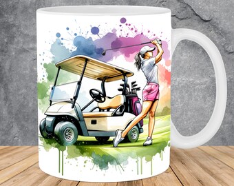 Watercolor Golfer Golf Cart Mug Wrap 11oz & 15oz Mug Template, Golf Mug Sublimation Design Mug Wrap Template PNG Instant Digital Download