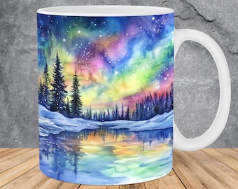 Watercolor Northern Lights Painting Mug Wrap 11oz & 15oz Mug Template, Mug Sublimation Design Mug Wrap Template PNG Instant Digital Download