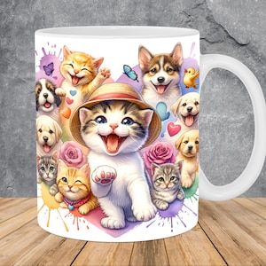 May include: White ceramic mug with a colorful illustration of a cat and several dogs. The animals are surrounded by hearts, flowers, and butterflies. The cat is wearing a straw hat.