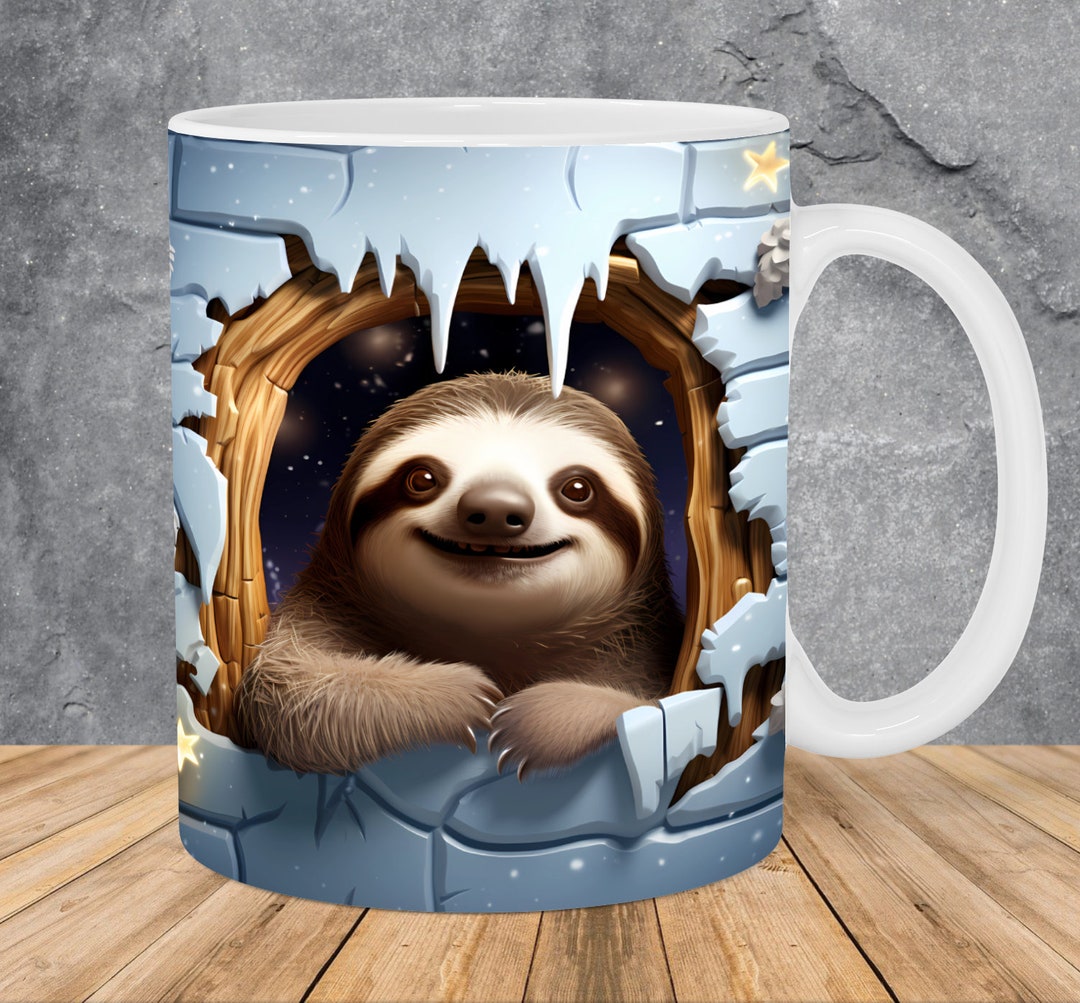 3D Sloth Hole in A Wall Mug Wrap 11oz & 15oz Mug Template, Winter Mug ...