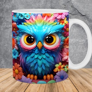 May include: White ceramic mug featuring a vibrant, cartoon-style owl design. The owl is predominantly blue with colorful accents, surrounded by a floral background of various colors. The mug has a white handle and sits on a wooden surface.