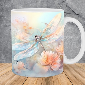 Pastel Colors Dragonfly Flowers Mug Wrap 11oz & 15oz Mug Template, Mug Sublimation Design Mug Wrap Template PNG Instant Digital Download